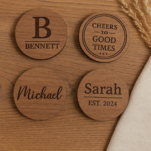 Personalized Wooden Coasters – Set of 4 | Engraved with Name, Initial, or Message